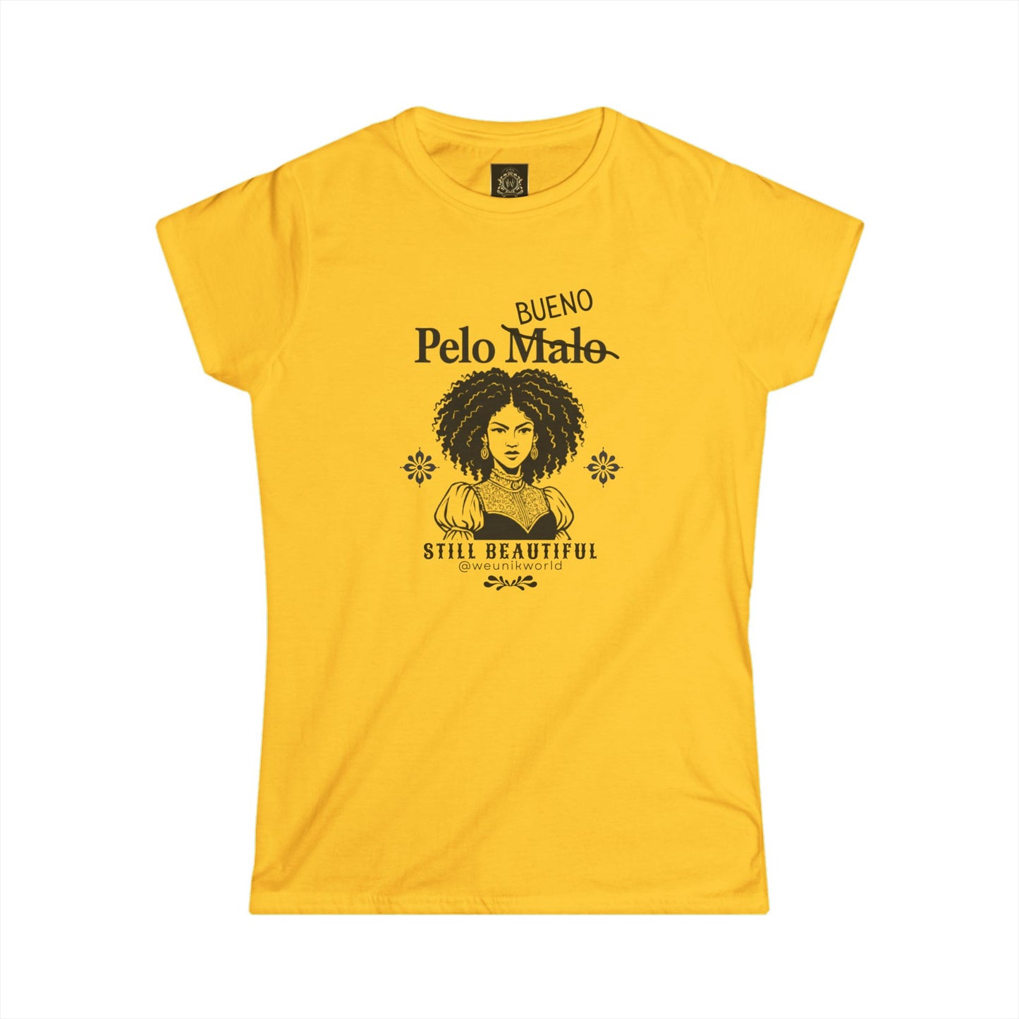 Women's Tee — 'Pelo malo' Crossed Out to 'Bueno' — Still Beautiful Curls