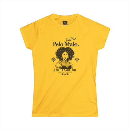 Women's Tee — 'Pelo malo' Crossed Out to 'Bueno' — Still Beautiful Curls