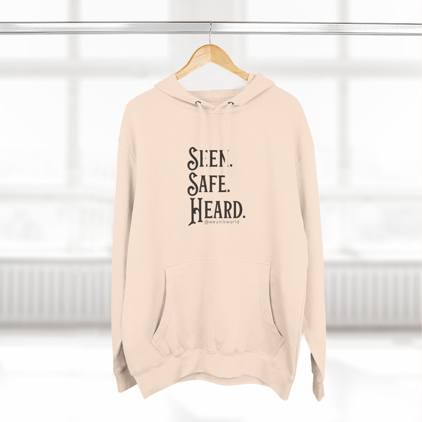 Seen. Safe. Heard Fleece Hoodie — Three-Panel Cozy Sweatshirt
