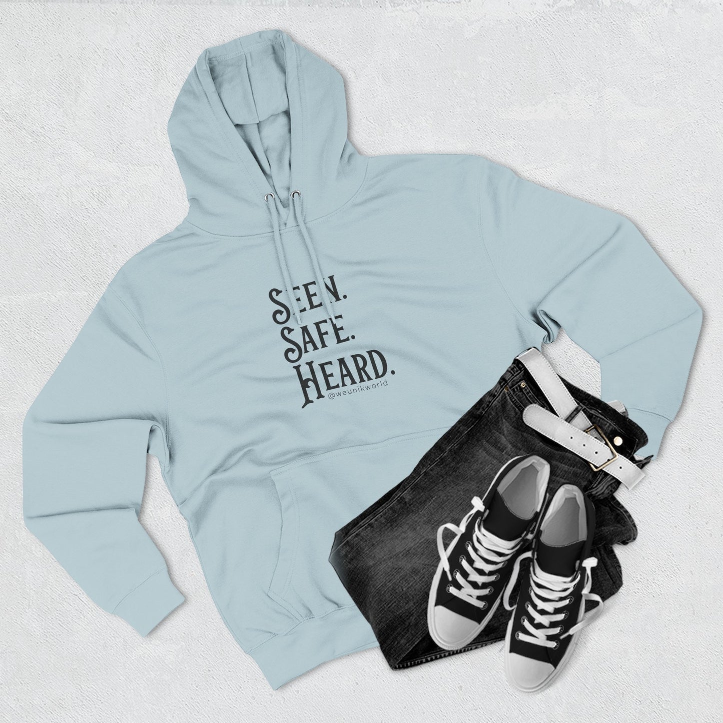 Seen. Safe. Heard Fleece Hoodie — Three-Panel Cozy Sweatshirt