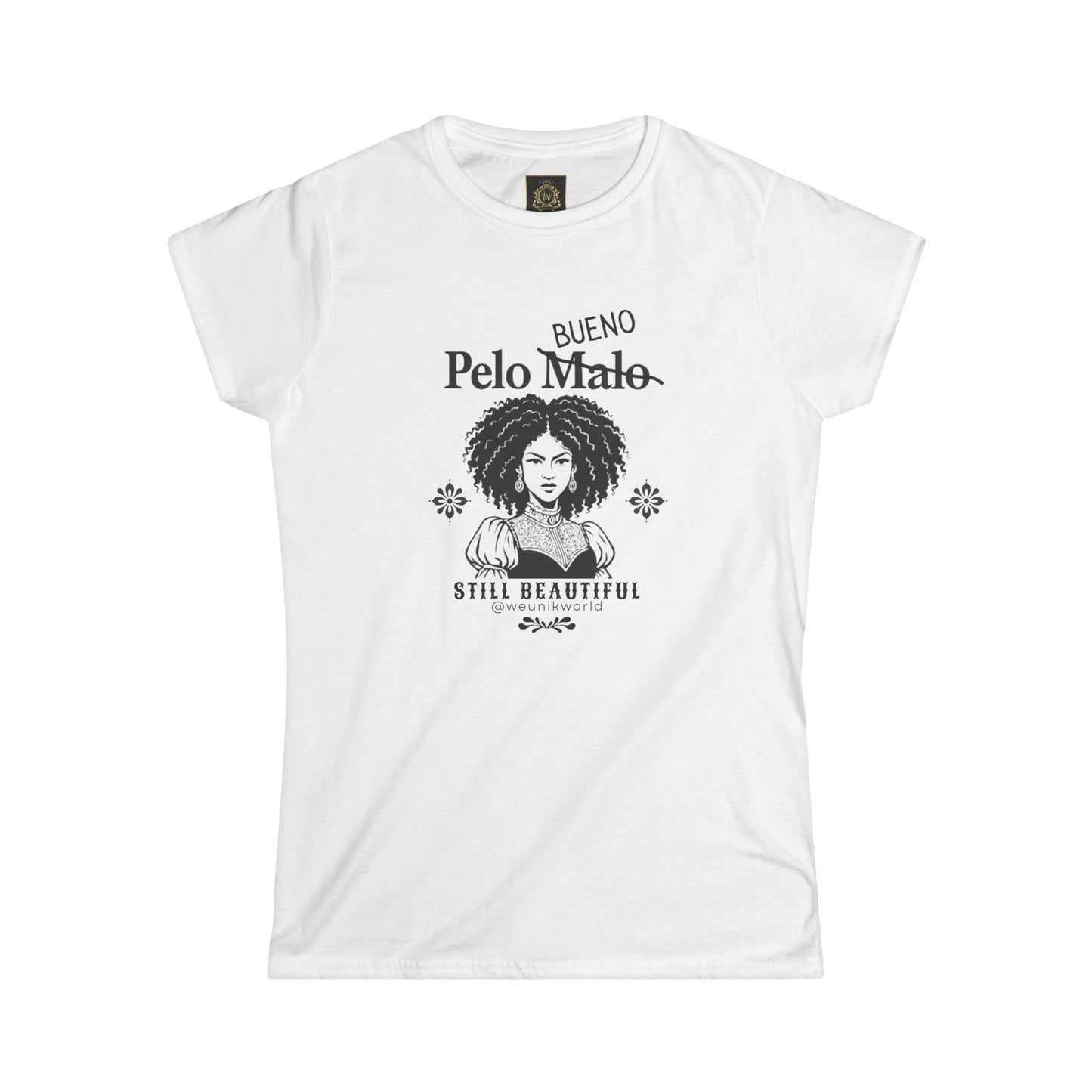 Women's Tee — 'Pelo malo' Crossed Out to 'Bueno' — Still Beautiful Curls