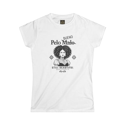 Women's Tee — 'Pelo malo' Crossed Out to 'Bueno' — Still Beautiful Curls