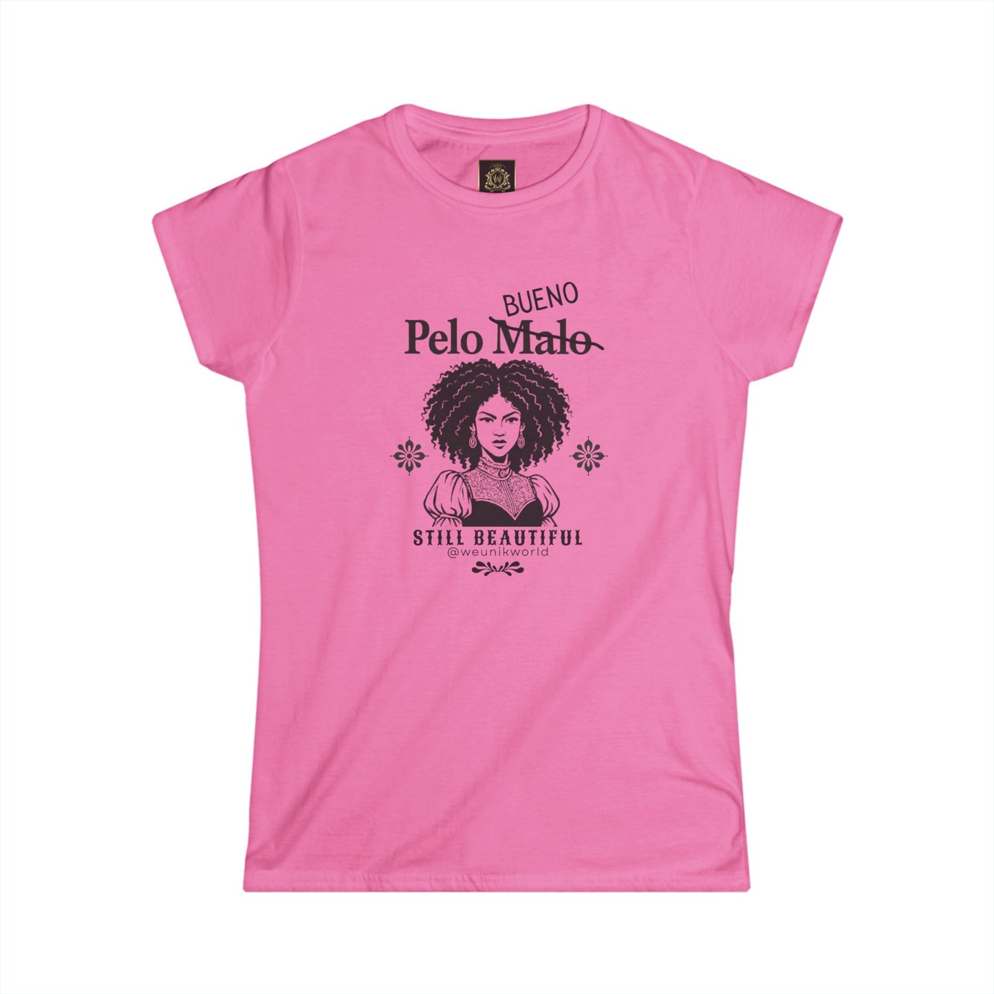 Women's Tee — 'Pelo malo' Crossed Out to 'Bueno' — Still Beautiful Curls